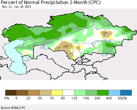 Kazakhstan Percent of Normal Precipitation 2-Month (CPC) Thematic Map For 11/21/2023 - 1/20/2024