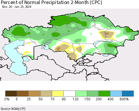 Kazakhstan Percent of Normal Precipitation 2-Month (CPC) Thematic Map For 11/26/2023 - 1/25/2024