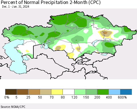 Kazakhstan Percent of Normal Precipitation 2-Month (CPC) Thematic Map For 12/1/2023 - 1/31/2024