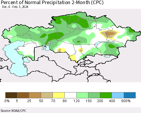 Kazakhstan Percent of Normal Precipitation 2-Month (CPC) Thematic Map For 12/6/2023 - 2/5/2024