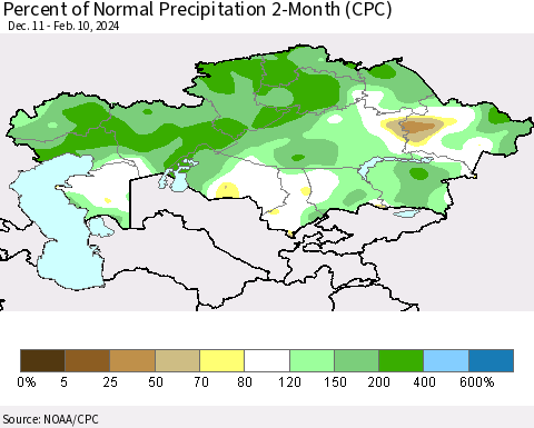 Kazakhstan Percent of Normal Precipitation 2-Month (CPC) Thematic Map For 12/11/2023 - 2/10/2024