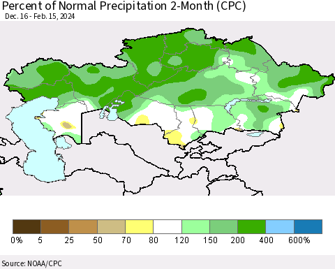 Kazakhstan Percent of Normal Precipitation 2-Month (CPC) Thematic Map For 12/16/2023 - 2/15/2024