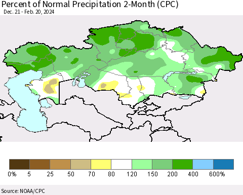 Kazakhstan Percent of Normal Precipitation 2-Month (CPC) Thematic Map For 12/21/2023 - 2/20/2024