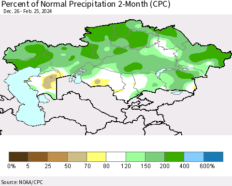 Kazakhstan Percent of Normal Precipitation 2-Month (CPC) Thematic Map For 12/26/2023 - 2/25/2024