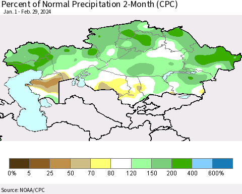 Kazakhstan Percent of Normal Precipitation 2-Month (CPC) Thematic Map For 1/1/2024 - 2/29/2024