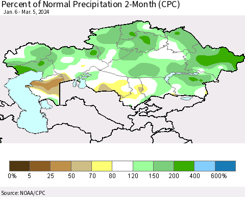 Kazakhstan Percent of Normal Precipitation 2-Month (CPC) Thematic Map For 1/6/2024 - 3/5/2024