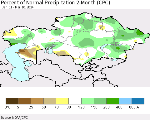 Kazakhstan Percent of Normal Precipitation 2-Month (CPC) Thematic Map For 1/11/2024 - 3/10/2024