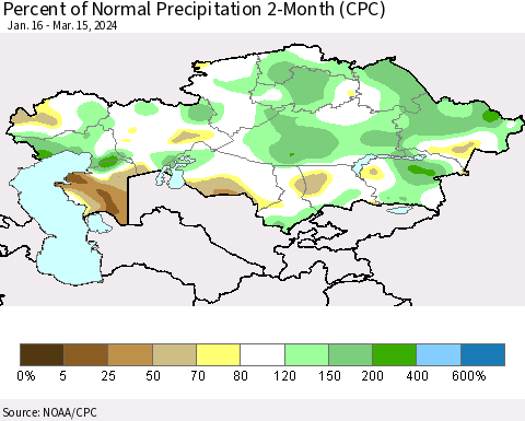 Kazakhstan Percent of Normal Precipitation 2-Month (CPC) Thematic Map For 1/16/2024 - 3/15/2024