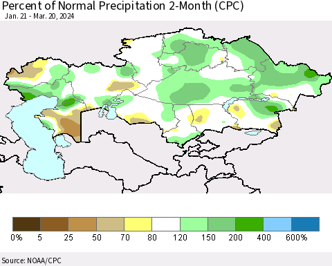 Kazakhstan Percent of Normal Precipitation 2-Month (CPC) Thematic Map For 1/21/2024 - 3/20/2024