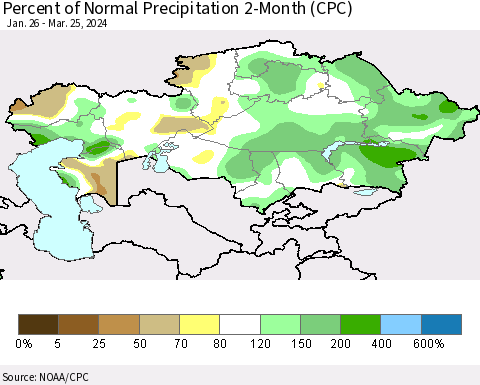Kazakhstan Percent of Normal Precipitation 2-Month (CPC) Thematic Map For 1/26/2024 - 3/25/2024