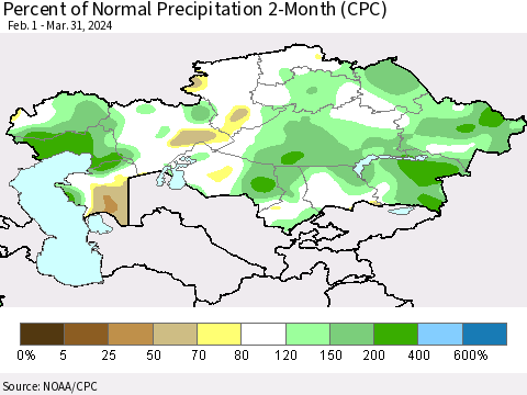 Kazakhstan Percent of Normal Precipitation 2-Month (CPC) Thematic Map For 2/1/2024 - 3/31/2024