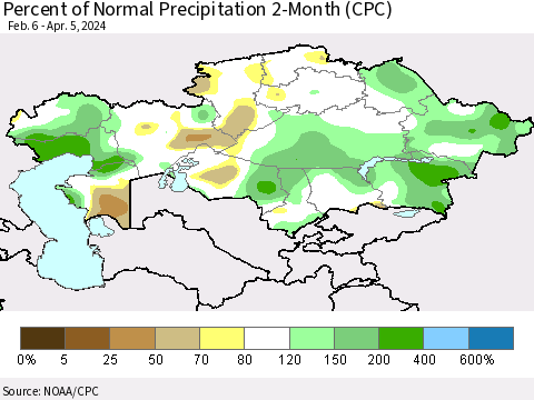 Kazakhstan Percent of Normal Precipitation 2-Month (CPC) Thematic Map For 2/6/2024 - 4/5/2024
