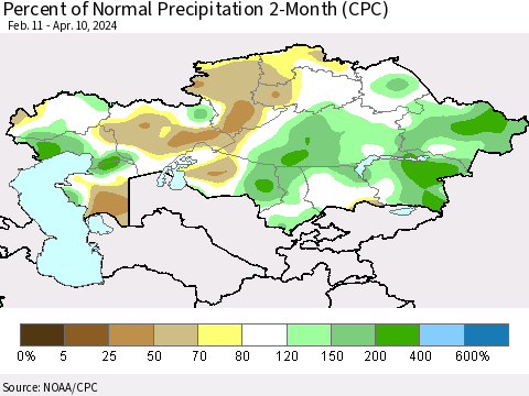 Kazakhstan Percent of Normal Precipitation 2-Month (CPC) Thematic Map For 2/11/2024 - 4/10/2024