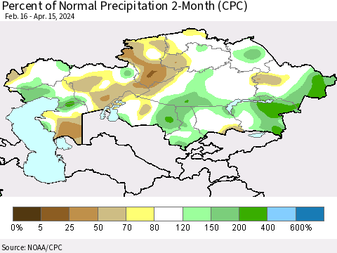 Kazakhstan Percent of Normal Precipitation 2-Month (CPC) Thematic Map For 2/16/2024 - 4/15/2024
