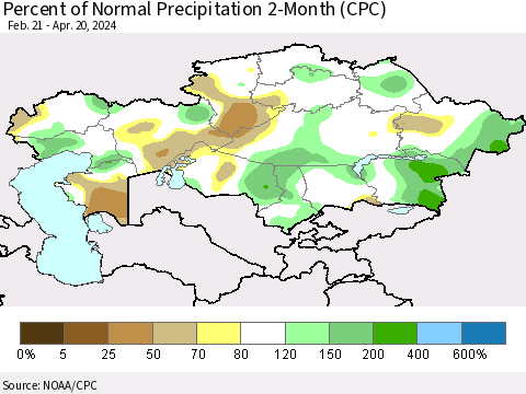 Kazakhstan Percent of Normal Precipitation 2-Month (CPC) Thematic Map For 2/21/2024 - 4/20/2024