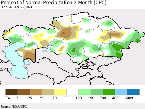 Kazakhstan Percent of Normal Precipitation 2-Month (CPC) Thematic Map For 2/26/2024 - 4/25/2024