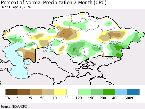 Kazakhstan Percent of Normal Precipitation 2-Month (CPC) Thematic Map For 3/1/2024 - 4/30/2024