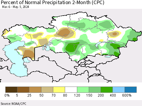 Kazakhstan Percent of Normal Precipitation 2-Month (CPC) Thematic Map For 3/6/2024 - 5/5/2024