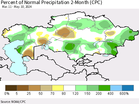 Kazakhstan Percent of Normal Precipitation 2-Month (CPC) Thematic Map For 3/11/2024 - 5/10/2024