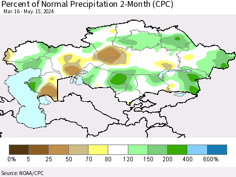 Kazakhstan Percent of Normal Precipitation 2-Month (CPC) Thematic Map For 3/16/2024 - 5/15/2024