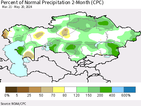 Kazakhstan Percent of Normal Precipitation 2-Month (CPC) Thematic Map For 3/21/2024 - 5/20/2024