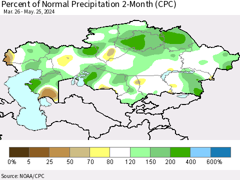 Kazakhstan Percent of Normal Precipitation 2-Month (CPC) Thematic Map For 3/26/2024 - 5/25/2024