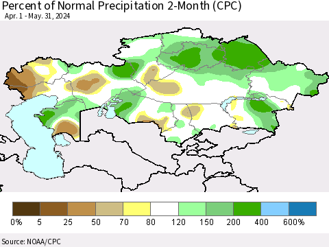Kazakhstan Percent of Normal Precipitation 2-Month (CPC) Thematic Map For 4/1/2024 - 5/31/2024