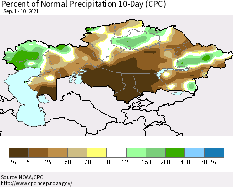 Kazakhstan Percent of Normal Precipitation 10-Day (CPC) Thematic Map For 9/1/2021 - 9/10/2021