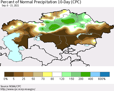 Kazakhstan Percent of Normal Precipitation 10-Day (CPC) Thematic Map For 9/6/2021 - 9/15/2021