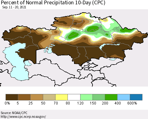 Kazakhstan Percent of Normal Precipitation 10-Day (CPC) Thematic Map For 9/11/2021 - 9/20/2021
