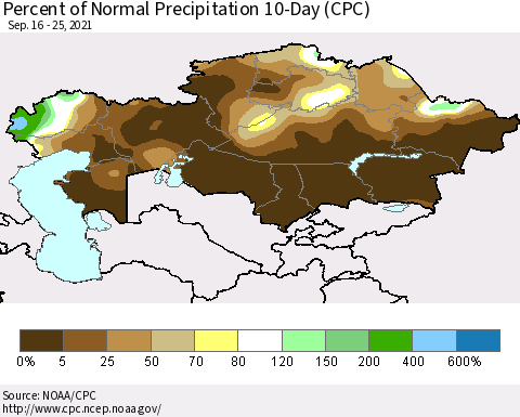 Kazakhstan Percent of Normal Precipitation 10-Day (CPC) Thematic Map For 9/16/2021 - 9/25/2021