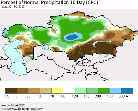 Kazakhstan Percent of Normal Precipitation 10-Day (CPC) Thematic Map For 9/21/2021 - 9/30/2021