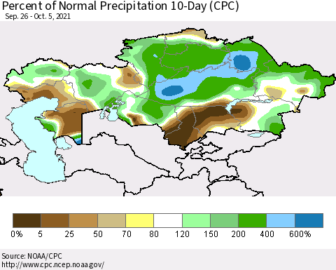 Kazakhstan Percent of Normal Precipitation 10-Day (CPC) Thematic Map For 9/26/2021 - 10/5/2021