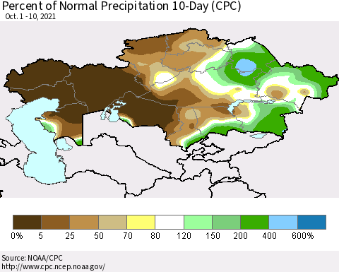 Kazakhstan Percent of Normal Precipitation 10-Day (CPC) Thematic Map For 10/1/2021 - 10/10/2021