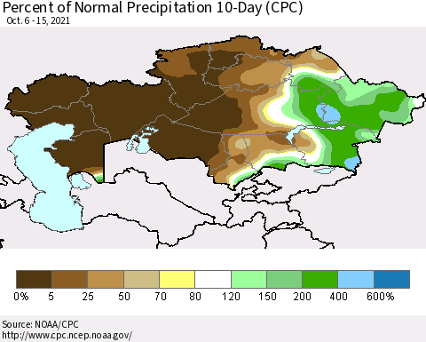 Kazakhstan Percent of Normal Precipitation 10-Day (CPC) Thematic Map For 10/6/2021 - 10/15/2021