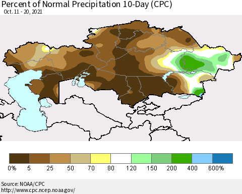 Kazakhstan Percent of Normal Precipitation 10-Day (CPC) Thematic Map For 10/11/2021 - 10/20/2021