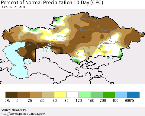 Kazakhstan Percent of Normal Precipitation 10-Day (CPC) Thematic Map For 10/16/2021 - 10/25/2021