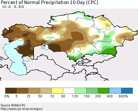 Kazakhstan Percent of Normal Precipitation 10-Day (CPC) Thematic Map For 10/21/2021 - 10/31/2021