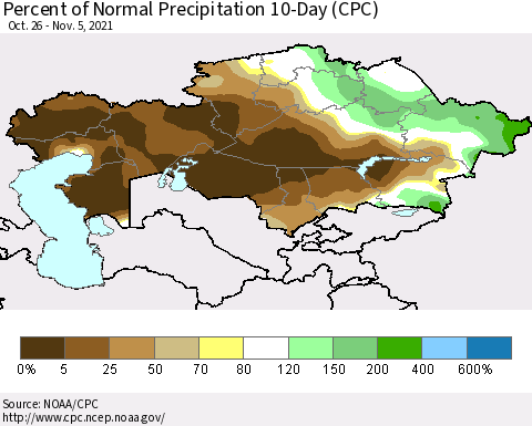 Kazakhstan Percent of Normal Precipitation 10-Day (CPC) Thematic Map For 10/26/2021 - 11/5/2021