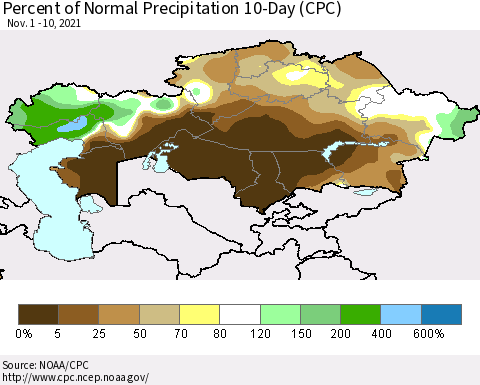 Kazakhstan Percent of Normal Precipitation 10-Day (CPC) Thematic Map For 11/1/2021 - 11/10/2021