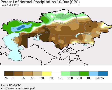 Kazakhstan Percent of Normal Precipitation 10-Day (CPC) Thematic Map For 11/6/2021 - 11/15/2021