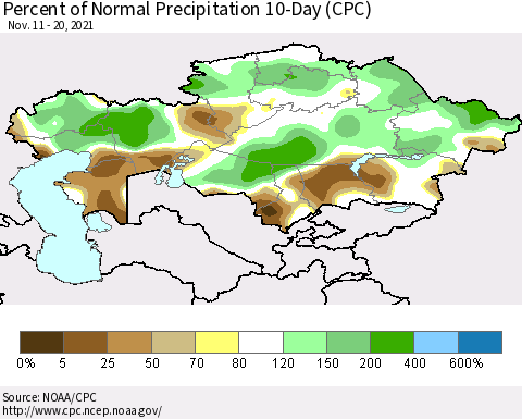 Kazakhstan Percent of Normal Precipitation 10-Day (CPC) Thematic Map For 11/11/2021 - 11/20/2021