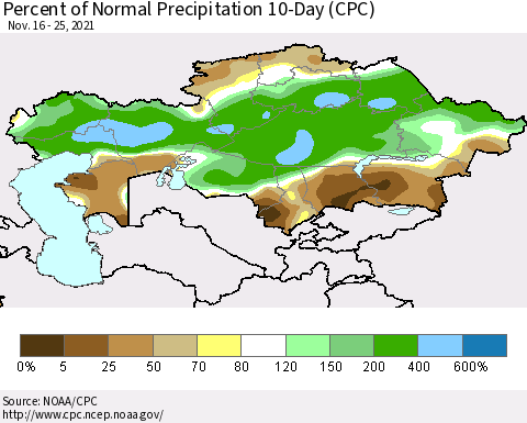 Kazakhstan Percent of Normal Precipitation 10-Day (CPC) Thematic Map For 11/16/2021 - 11/25/2021