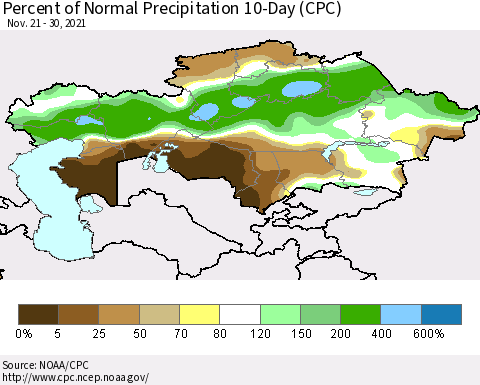 Kazakhstan Percent of Normal Precipitation 10-Day (CPC) Thematic Map For 11/21/2021 - 11/30/2021