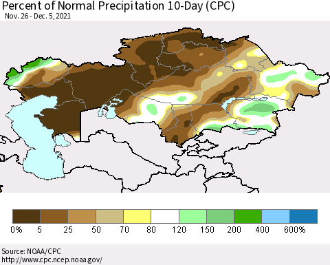 Kazakhstan Percent of Normal Precipitation 10-Day (CPC) Thematic Map For 11/26/2021 - 12/5/2021