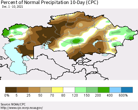 Kazakhstan Percent of Normal Precipitation 10-Day (CPC) Thematic Map For 12/1/2021 - 12/10/2021