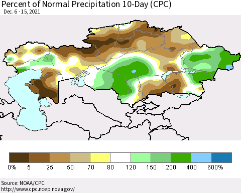 Kazakhstan Percent of Normal Precipitation 10-Day (CPC) Thematic Map For 12/6/2021 - 12/15/2021