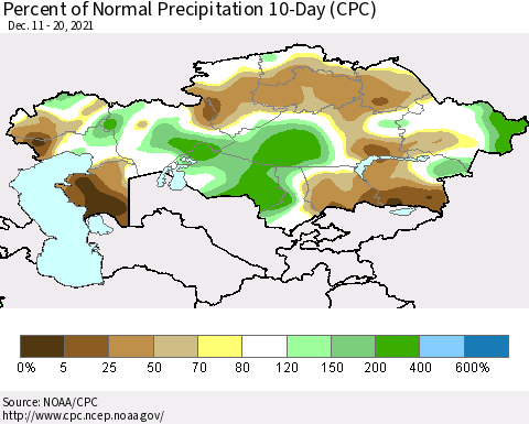 Kazakhstan Percent of Normal Precipitation 10-Day (CPC) Thematic Map For 12/11/2021 - 12/20/2021