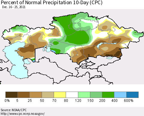 Kazakhstan Percent of Normal Precipitation 10-Day (CPC) Thematic Map For 12/16/2021 - 12/25/2021