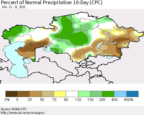 Kazakhstan Percent of Normal Precipitation 10-Day (CPC) Thematic Map For 12/21/2021 - 12/31/2021